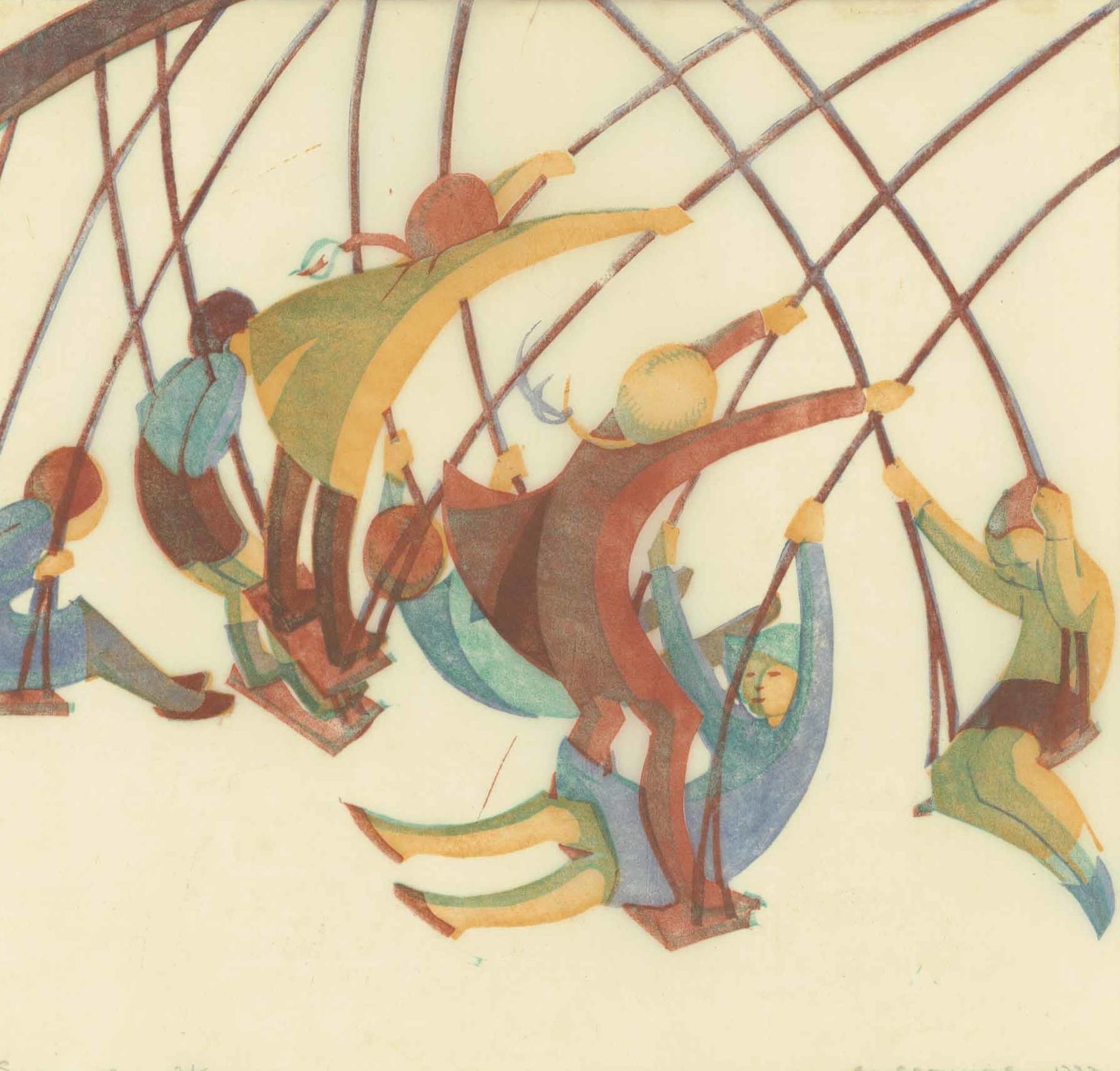 Ethel SPOWERS Born: Melbourne, Victoria, Australia 1890; Died: 1947 Swings 1932 colour linocut on oriental tissue paper, 24.2 x 26.6 cm Benalla Art Gallery Collection Bennett Bequest, 2000 2000.11